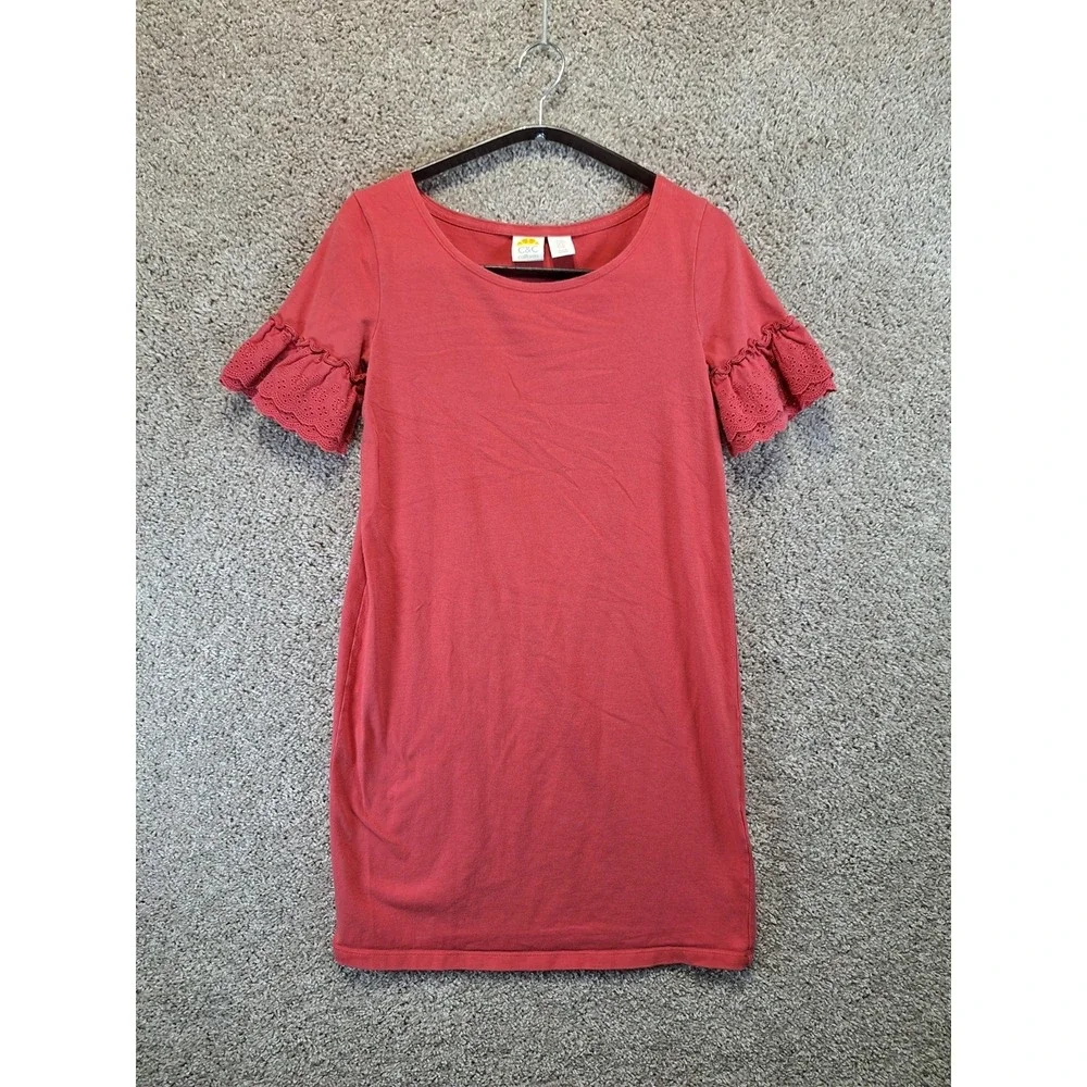C&C California Shift Dress Womens XS Pink Stretch Eyelet Ruffle Sleeve Pullover - Picture 1 of 8